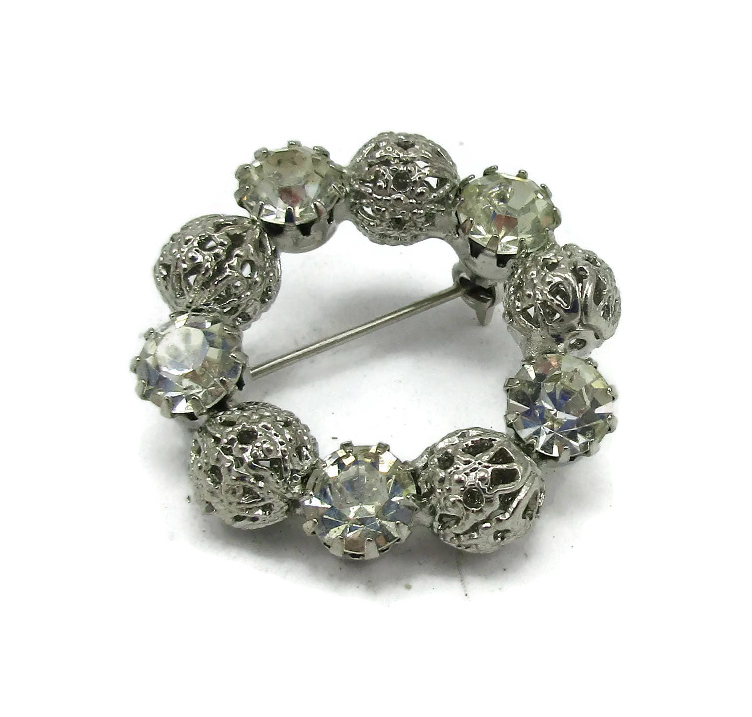 Juliana Kleine Silber Ton Klar Strass Runde Pin Brosche Filigrane Kugeln Strukturierte Designer Runway Estate Kostüm Vintage Schal von TreasureTrovebyTish
