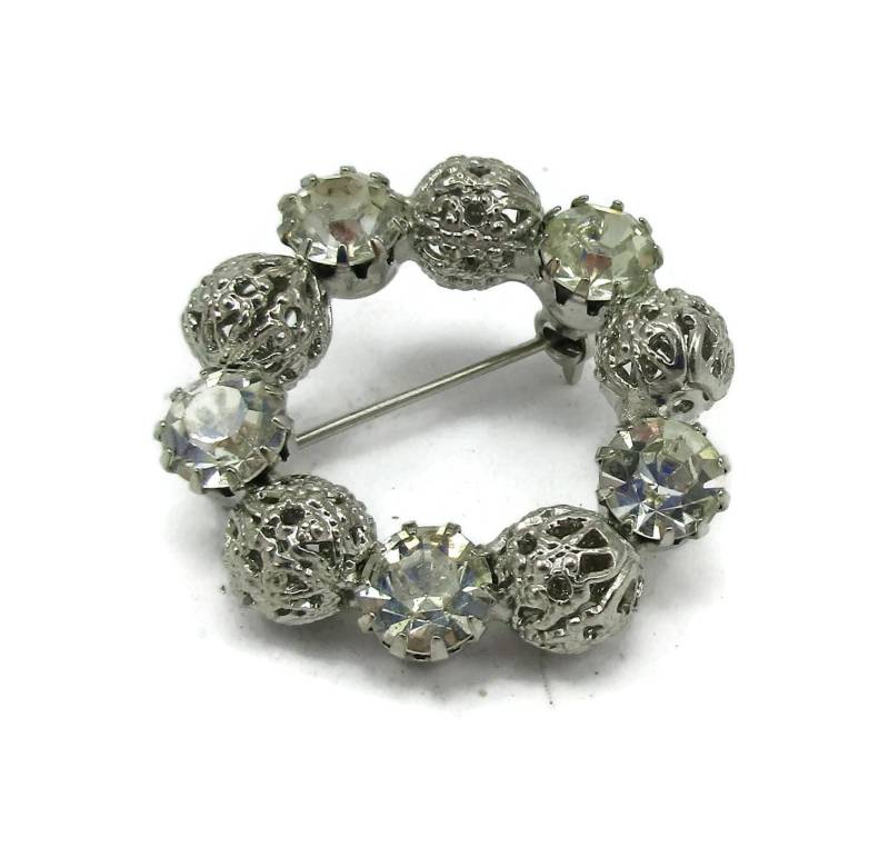 Juliana Kleine Silber Ton Klar Strass Runde Pin Brosche Filigrane Kugeln Strukturierte Designer Runway Estate Kostüm Vintage Schal von TreasureTrovebyTish