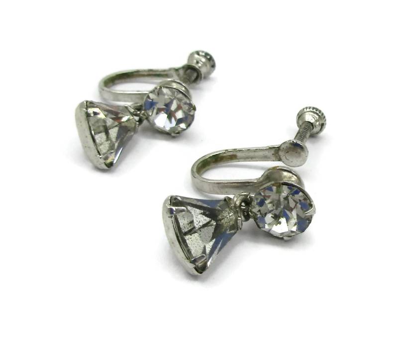 Klaren Strass Schraube Wieder Ohrringe Baumeln Tropfen Braut Silber Ton Vintage-Schmuck Rote Facettierte 1950Er Jahre Designer Kostüm Schmuck von TreasureTrovebyTish