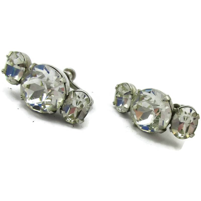 Klaren Strass Schraube Wieder Ohrringe Baumeln Tropfen Braut Silber Ton Vintage-Schmuck Rote Facettierte 1950Er Jahre Designer Kostüm Schmuck von TreasureTrovebyTish