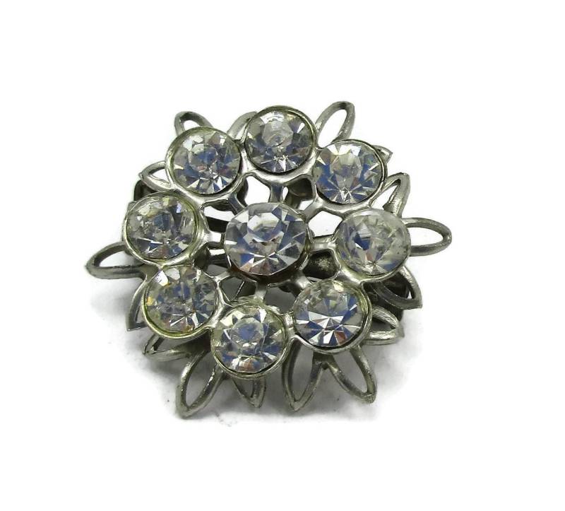 Kleine Silber Ton Klar Strass Runde Pin Brosche Braut Bouquet Strukturierte Designer Runway Estate Kostüm Vintage Schal von TreasureTrovebyTish