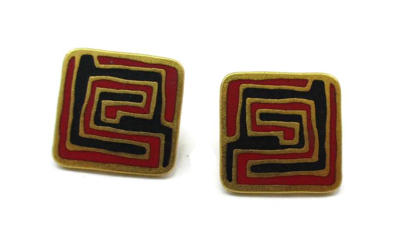 Laurel Burch Rot Schwarz Cloisonne Emaille Geheimnis Goldton Ohrring Post Vintage Immobilienverkauf Schmuck Geschenk Idee Designer Signiert Der von TreasureTrovebyTish