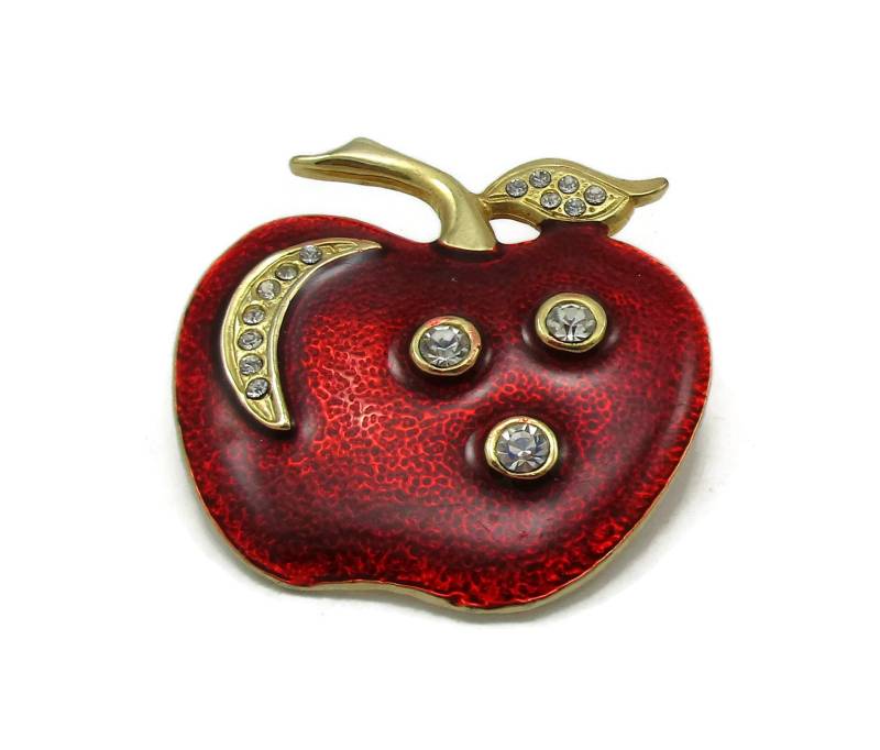 Lehrer Geschenk Glänzenden Dunklen Roten Apfel Pin Brosche Gold-Ton Kleine Schal Vintage Immobilienverkauf Schmuck Obst Essen Idee Strass Pullover von TreasureTrovebyTish