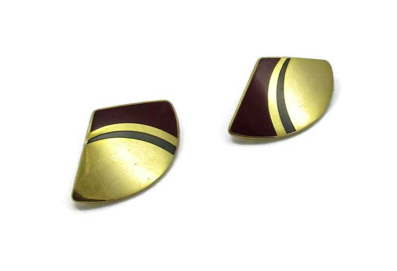 Lorbeer Burch Rot Schwarz Cloisonne Emaille Gold Ton Ohrring Post Vintage Estate Schmuck Geschenk Idee Designer Signiert 1980Er Jahre von TreasureTrovebyTish