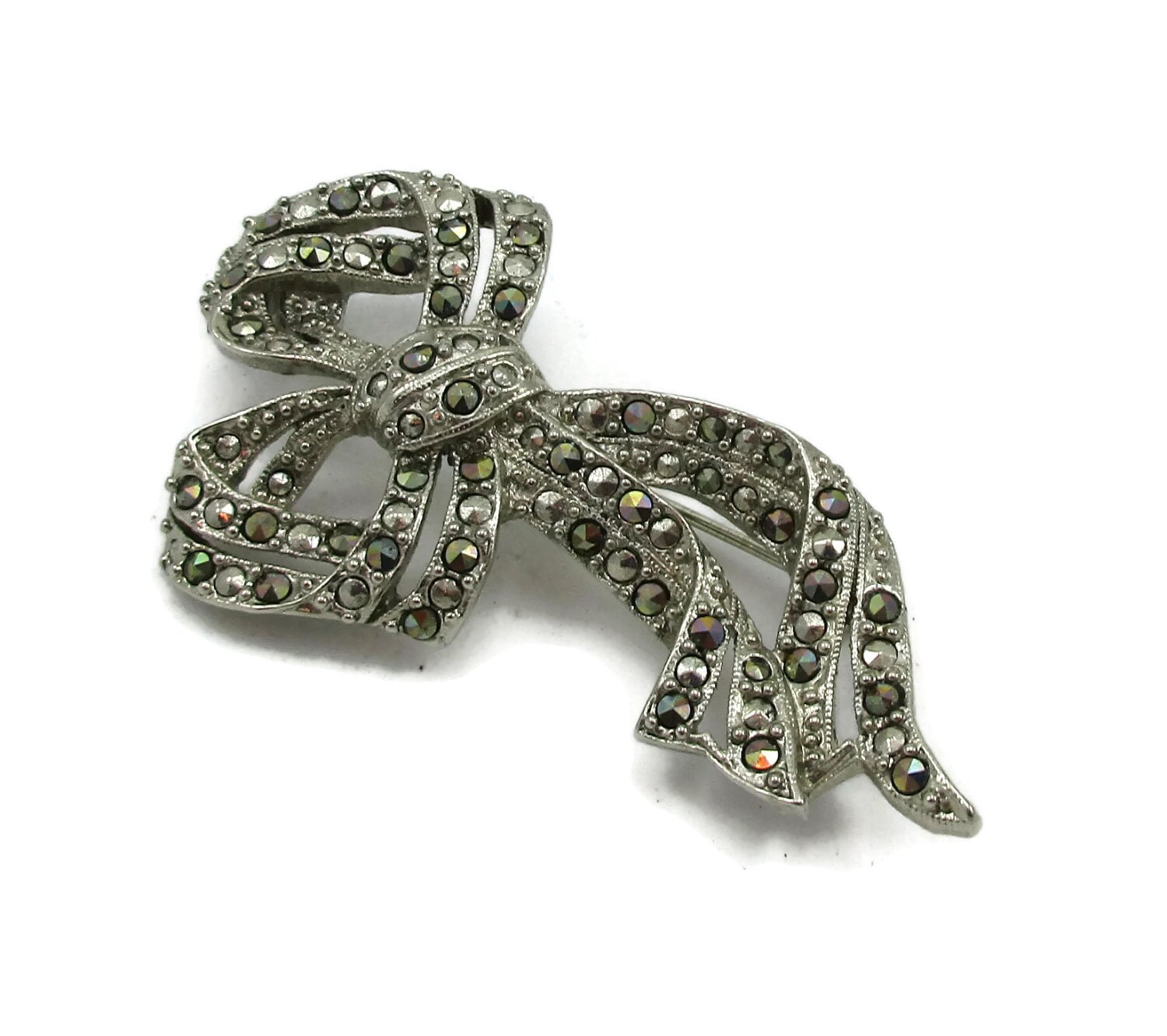 Marcasite Silber Brosche Band Schleife Pin Strukturierte Designer Runway Estate Kostüm Vintage Schmuck Schal Kompliziert Modern von TreasureTrovebyTish