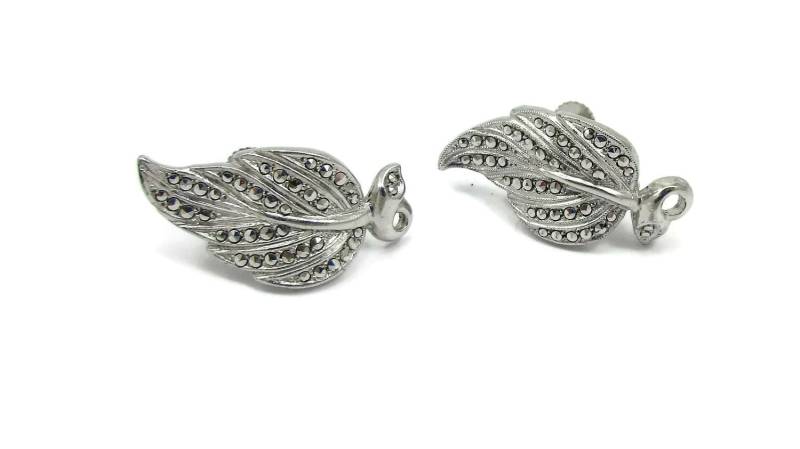 Masha Sterling Silber Marcasite Ohrringe Schraube Rücken Blatt Vintage Estate Kostüm Schmuck Geschenk Idee Designer Signiert von TreasureTrovebyTish