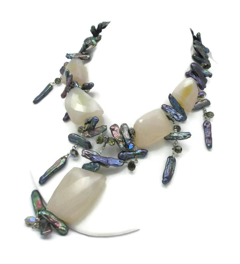 Maya Halskette Stein Perle Halsband Bib 21 Zoll Runway High End Onyx Vintage Designer Schmuck Kostüm Statement Geschenkideen 1990 Paula von TreasureTrovebyTish