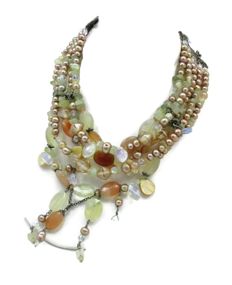 Maya Halskette Stein Perle Halsband Lätzchen 16 Zoll Runway High End Onyx Vintage Designer Schmuck Kostüm Statement Geschenkideen 1990 Paula von TreasureTrovebyTish