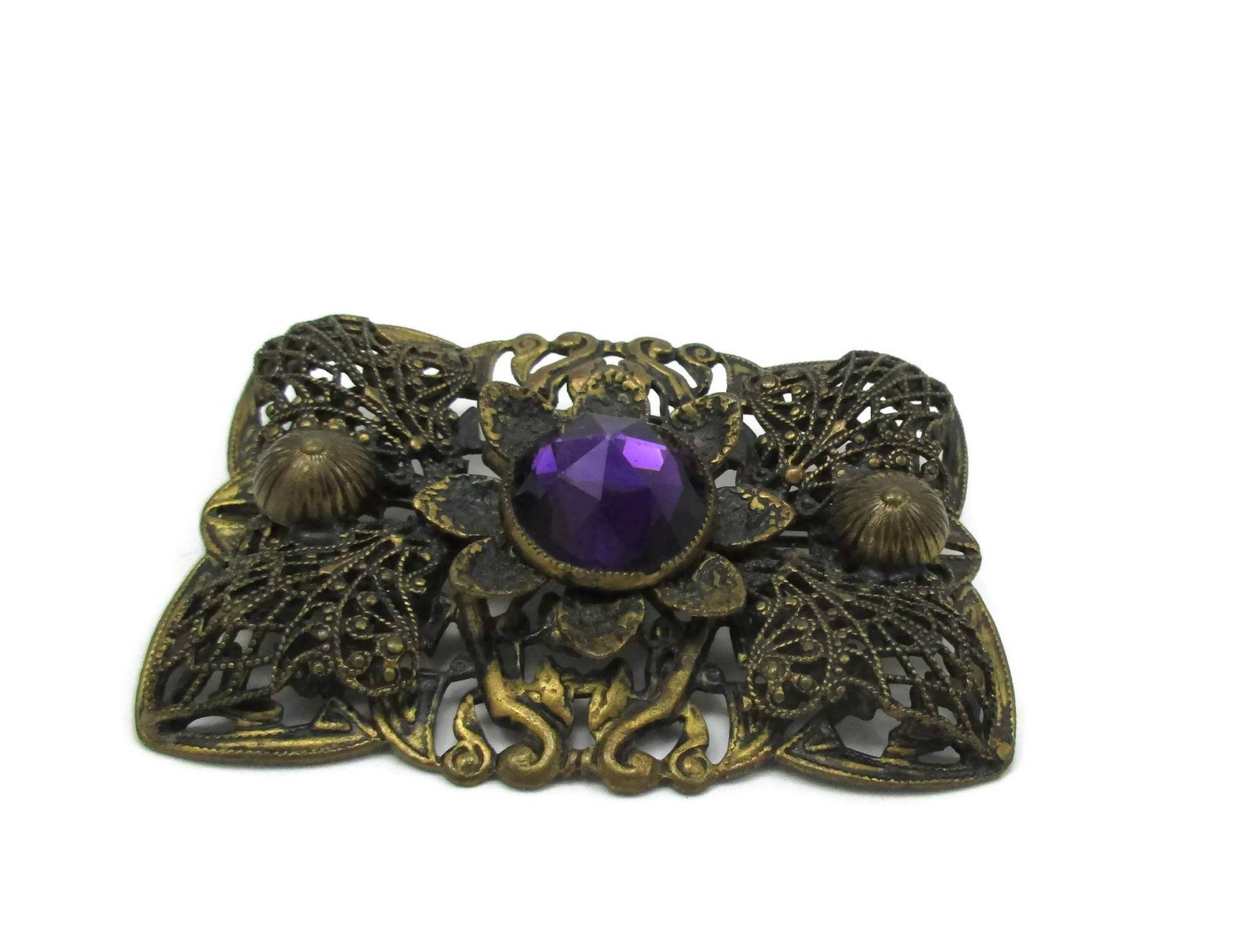 Nicht Signierte Miriam Haskell Brass Filigrane Pin Brosche Lila Steine Detaillierte Zarte Anzuzeigen Vintage Modeschmuck Schmuck Estate Geschenkidee von TreasureTrovebyTish