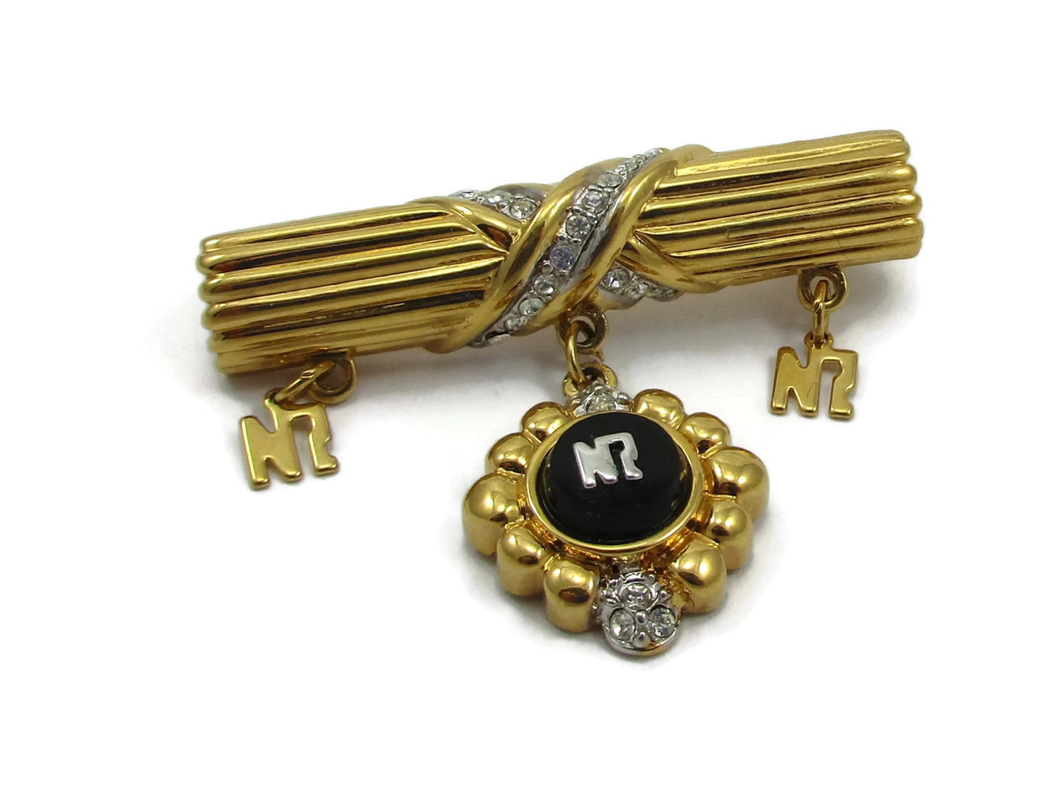 Nina Ricci Gold Ton Nr Logo Pin Brosche Baumschmangle Charm Strass Vintage Kostüm Mode Schmuck Designer Schal Geschenk-Ideen Avon von TreasureTrovebyTish