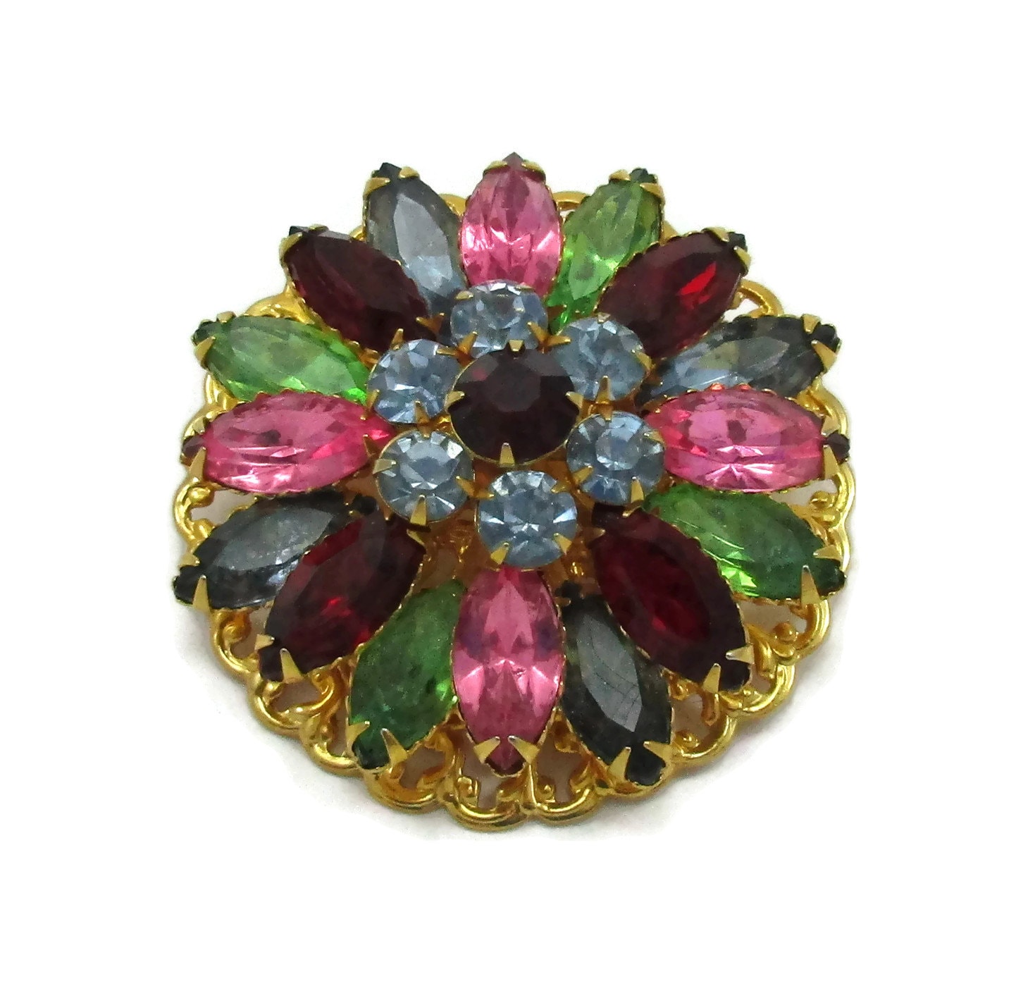 Rosa Grün Blau Strass Obst Salat Brosche Gold Ton Pin Prong Set High End Vintage Schmuck Designer Signiert Geschenkidee Filigran von TreasureTrovebyTish