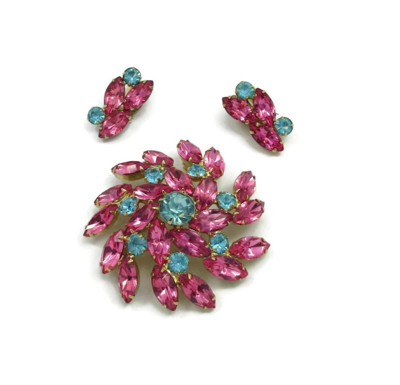 Rosa Petrol Grün Strass Pin Brosche Passende Clip Ohrringe Braut Demi Parure Estate Kostüm Vintage Schal Paula von TreasureTrovebyTish