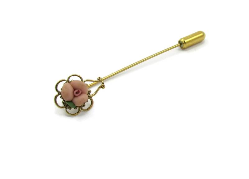 Rosa Rose Scroll Gold Hut Stick Pin Ton Brosche Einfache Designer Signiert Vintage Estate Schmuck Geschenk Ideen Schal Der 1980Er Jahre von TreasureTrovebyTish