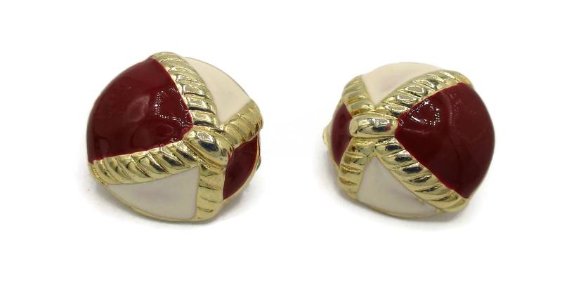 Rot Weiß Elfenbein Emaille Gold Ton Ohrringe Modern Mod Schmuck Clip Vintage Designer 1980Er Jahre Nachlass von TreasureTrovebyTish