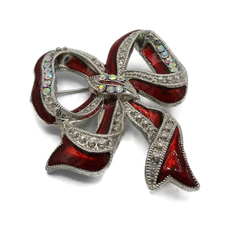 Rote Emaille Schleife Brosche Aurora Borealis Strass Silber Ton Pin Vintage Modeschmuck Urlaub Geschenkideen Designer Schal Clip von TreasureTrovebyTish