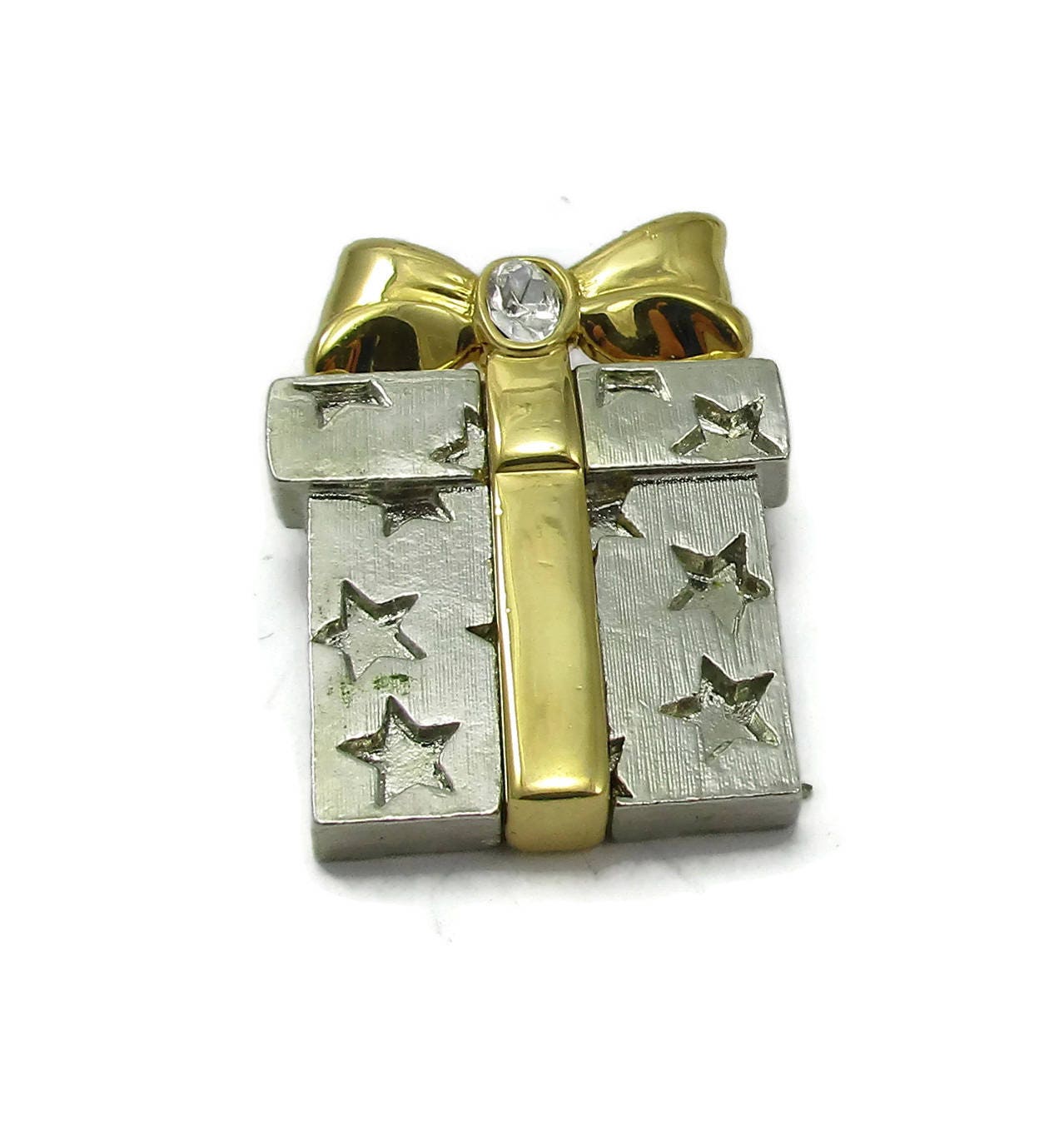 Silber Gold Ton Weihnachten Geschenk Paket Brosche Strass Pin Vintage Kostüm Schmuck Urlaub Ideen Designer Signiert Schal von TreasureTrovebyTish