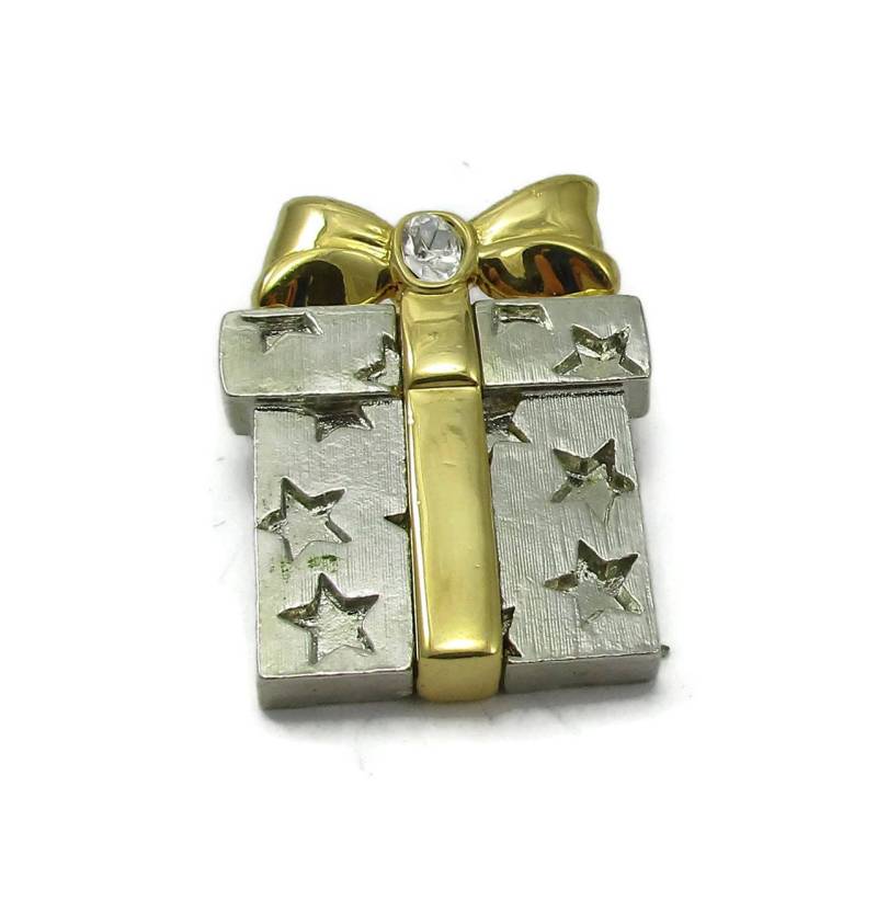 Silber Gold Ton Weihnachten Geschenk Paket Brosche Strass Pin Vintage Kostüm Schmuck Urlaub Ideen Designer Signiert Schal von TreasureTrovebyTish