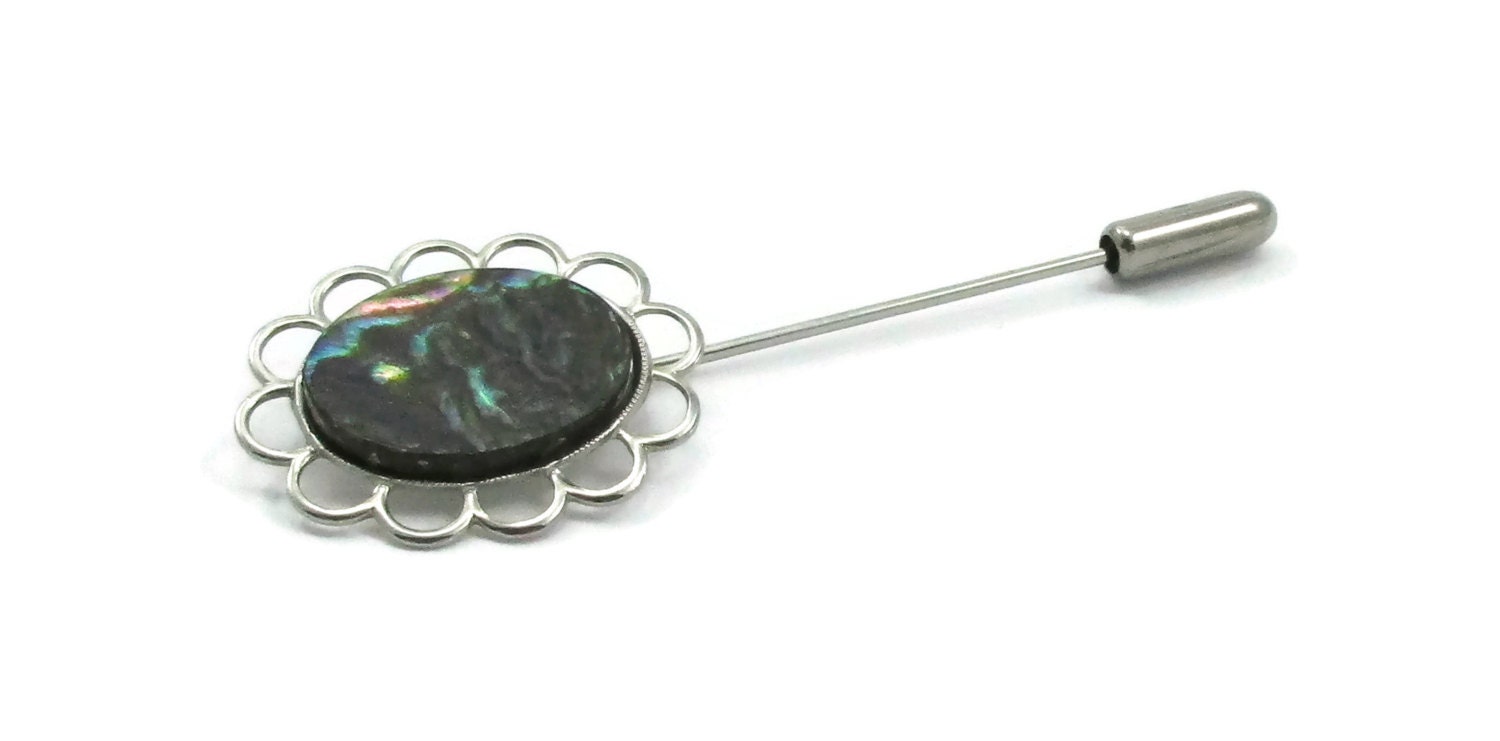 Silber Grün Abalone Stein Hut Stick Pin Ton Brosche Einfache Designer Vintage Estate Schmuck Geschenk Ideen Schal Der 1980Er Jahre von TreasureTrovebyTish
