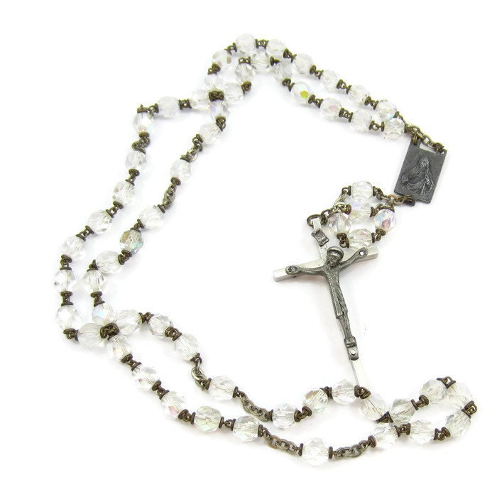 Silber Kristall Perlen Rosenkranz Halskette Gebet Wallfahrt Kirche Glas Kreuz Geschenk Ideen Christian Facettiert von TreasureTrovebyTish