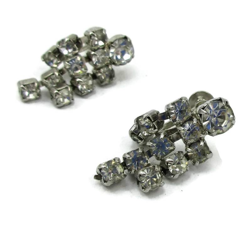 Silber Strass Ohrringe Schraube Zurück Clip Lange Baumeln Kronleuchter Braut Vintage Modeschmuck Schmuck Cz Diamant Glas Klar Designer von TreasureTrovebyTish