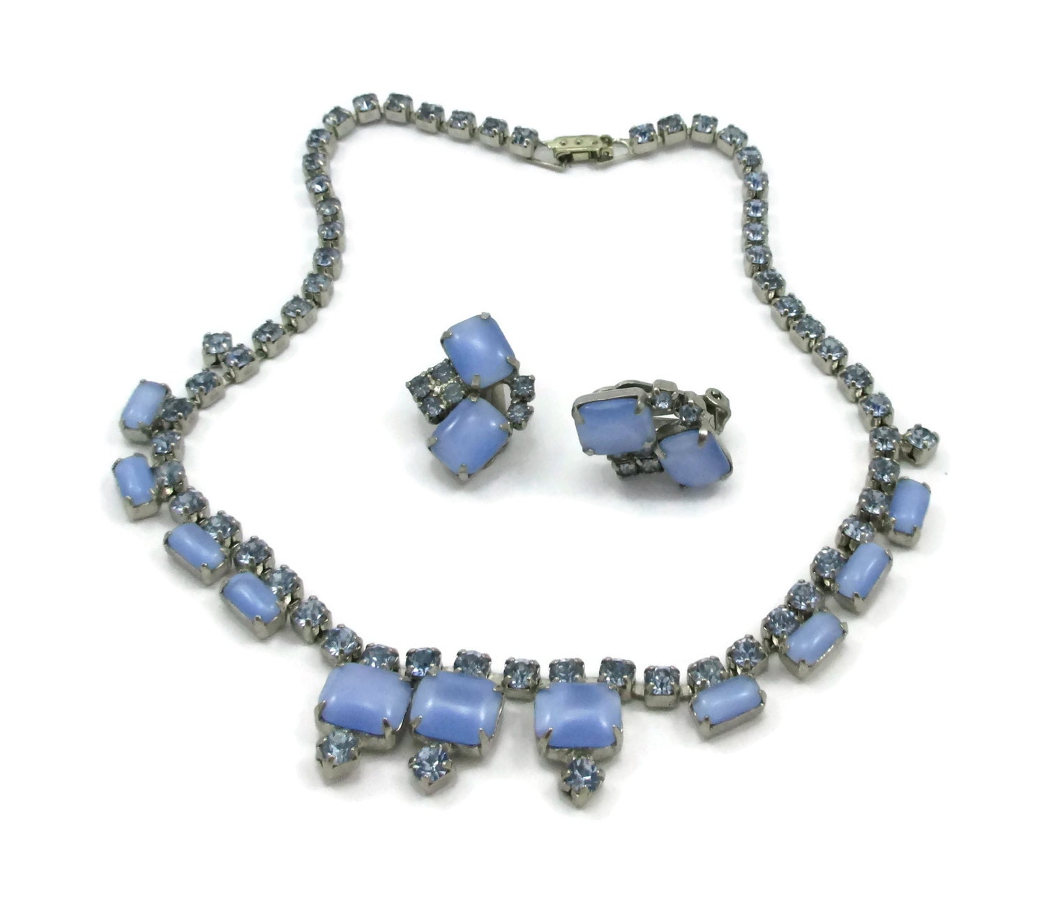 Silber Ton Blau Moonglow Perle Strass Halskette Clip Ohrringe Set Designer Demi Parure Vintage Kostüm Schmuck Prom Braut Estate Finden von TreasureTrovebyTish