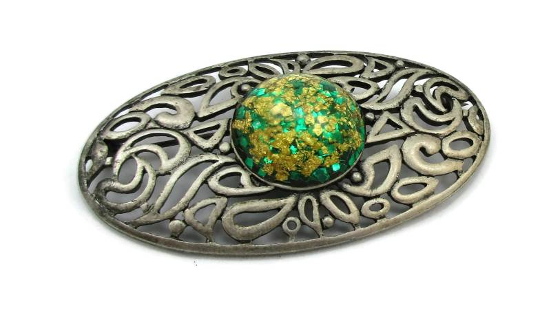 Silber Ton Strass Ovale Brosche Pin Gold Konfetti Cab Art Deco Alte Vintage Estate Findet Kostüm Schmuck Schal Geschenkideen von TreasureTrovebyTish