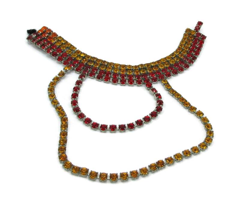 Silber Ton Strass Swag Halsband Halskette Rot Orange Gelb Lätzchen Kragen Flapper High End Vintage Kostüm Schmuck Geschenkideen von TreasureTrovebyTish