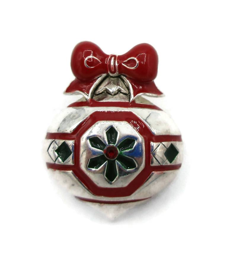 Silber Ton Weihnachten Ornament Rot Emaille Brosche Anstecker Anhänger Vintage Kostüm Schmuck Urlaub Geschenkideen Designer Unsigned Schal Pin von TreasureTrovebyTish