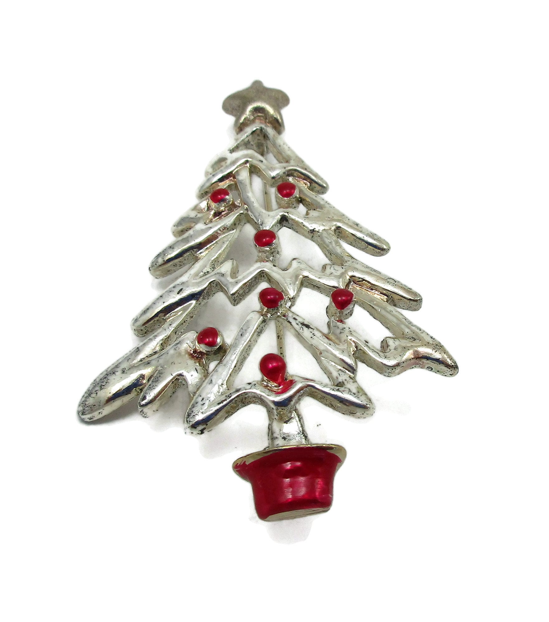 Silber Ton Weihnachtsbaum Pin Brosche Rot Emaille Vintage Kostüm Schmuck Urlaub Geschenk Ideen Designer Schal Clip von TreasureTrovebyTish