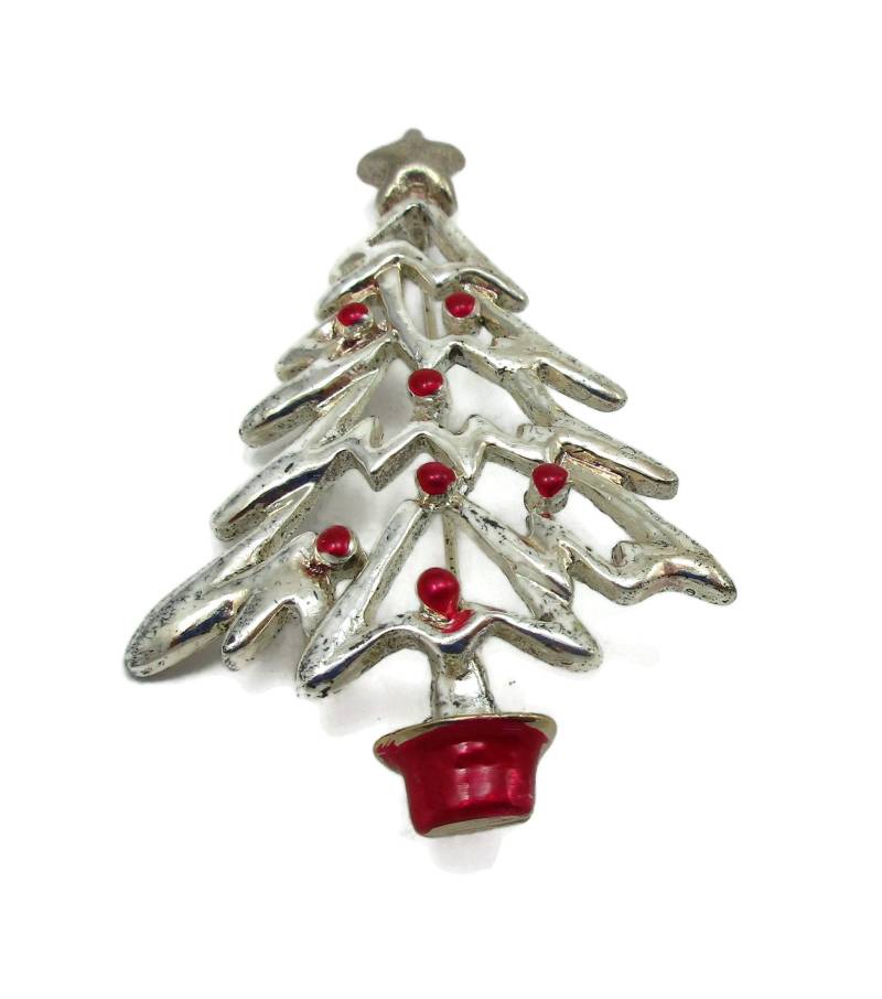 Silber Ton Weihnachtsbaum Pin Brosche Rot Emaille Vintage Kostüm Schmuck Urlaub Geschenk Ideen Designer Schal Clip von TreasureTrovebyTish