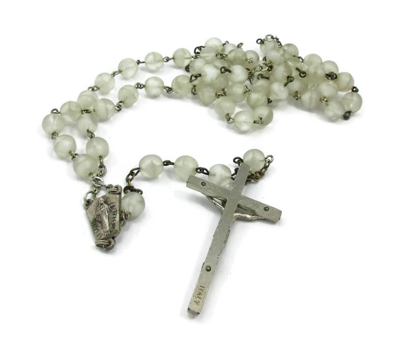 Silber Ton Weiß Klar Glas Perlen Rosenkranz Halskette Gebet Wallfahrt Kirche Kreuz Geschenk Ideen Christian von TreasureTrovebyTish