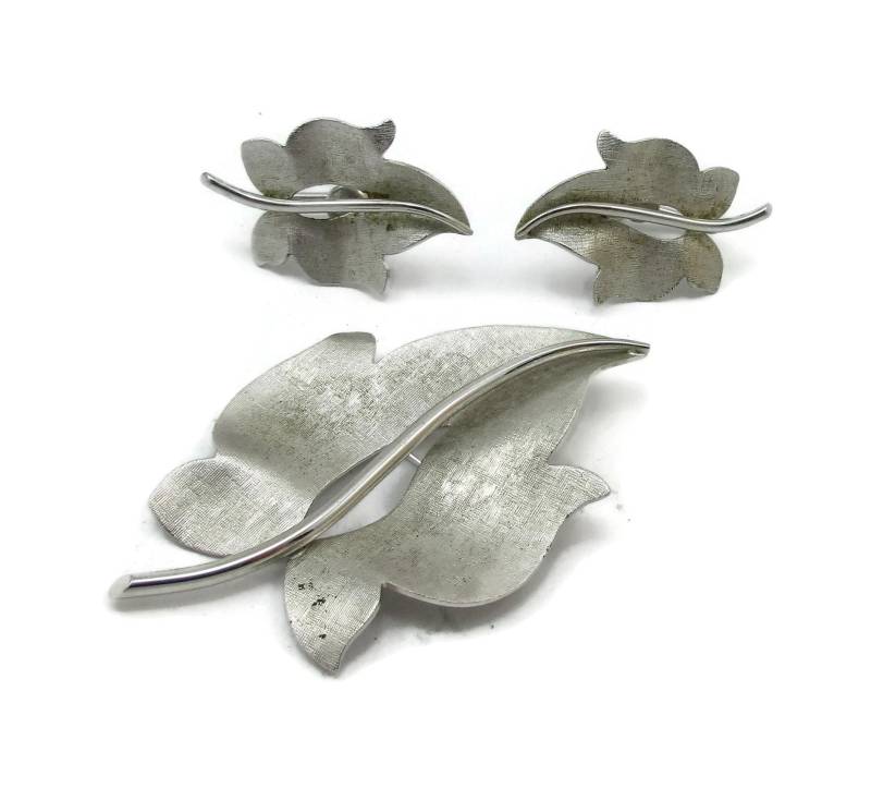 Sterling Silber Brosche Pin Passende Ohrringe Blatt 1960Er Signiert A & Z Gebürstet Strukturiert Designer Landebahn Classic von TreasureTrovebyTish
