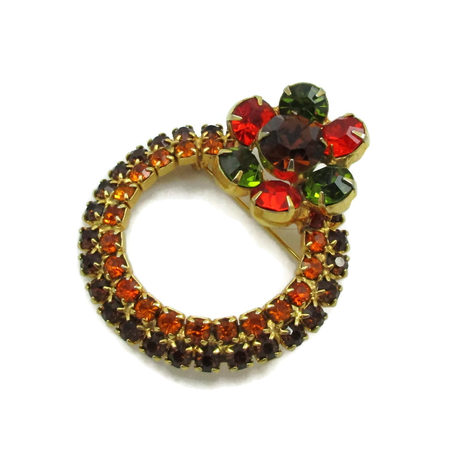 Strass Brosche Pin Orange Grün Bernstein Gold Ton Crystal Prong Set Töne High End Vintage Schmuck Designer Statement von TreasureTrovebyTish