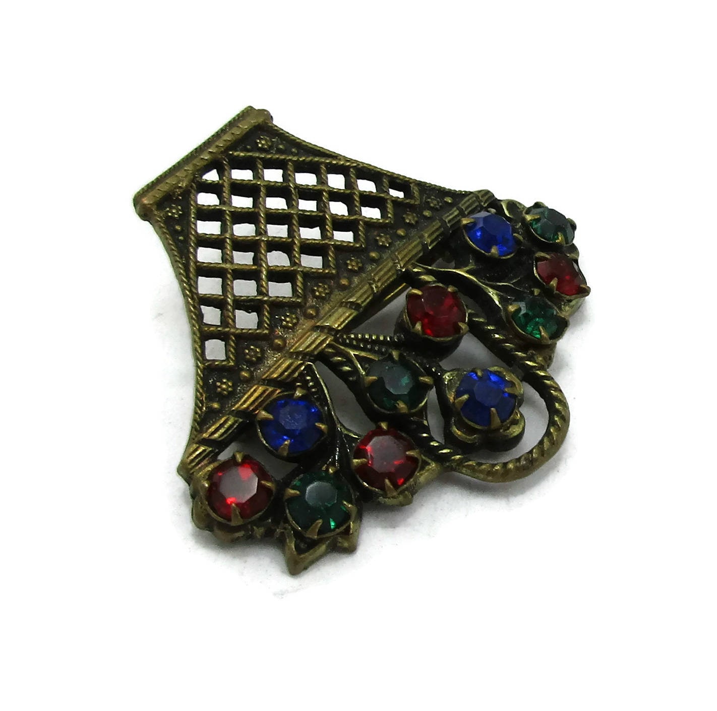 Unsigniert E-Schwarz Gold Korb Multi Farbe Strass Pin Brosche C Verschluss Schal Pullover Vintage Schmuck Kostüm Estate Finden von TreasureTrovebyTish