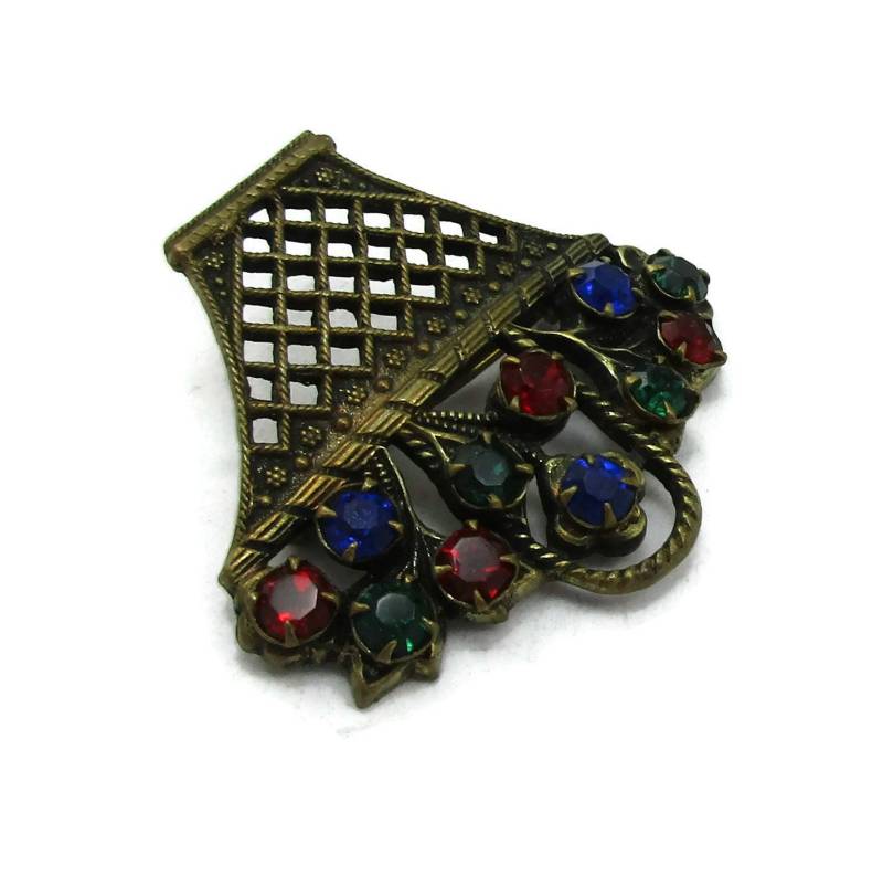 Unsigniert E-Schwarz Gold Korb Multi Farbe Strass Pin Brosche C Verschluss Schal Pullover Vintage Schmuck Kostüm Estate Finden von TreasureTrovebyTish