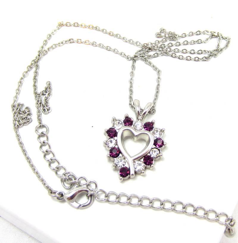 Verkauf Herz Strass Silber Ton Halskette Und Anhänger Lila Klar / von TreasureTrovebyTish