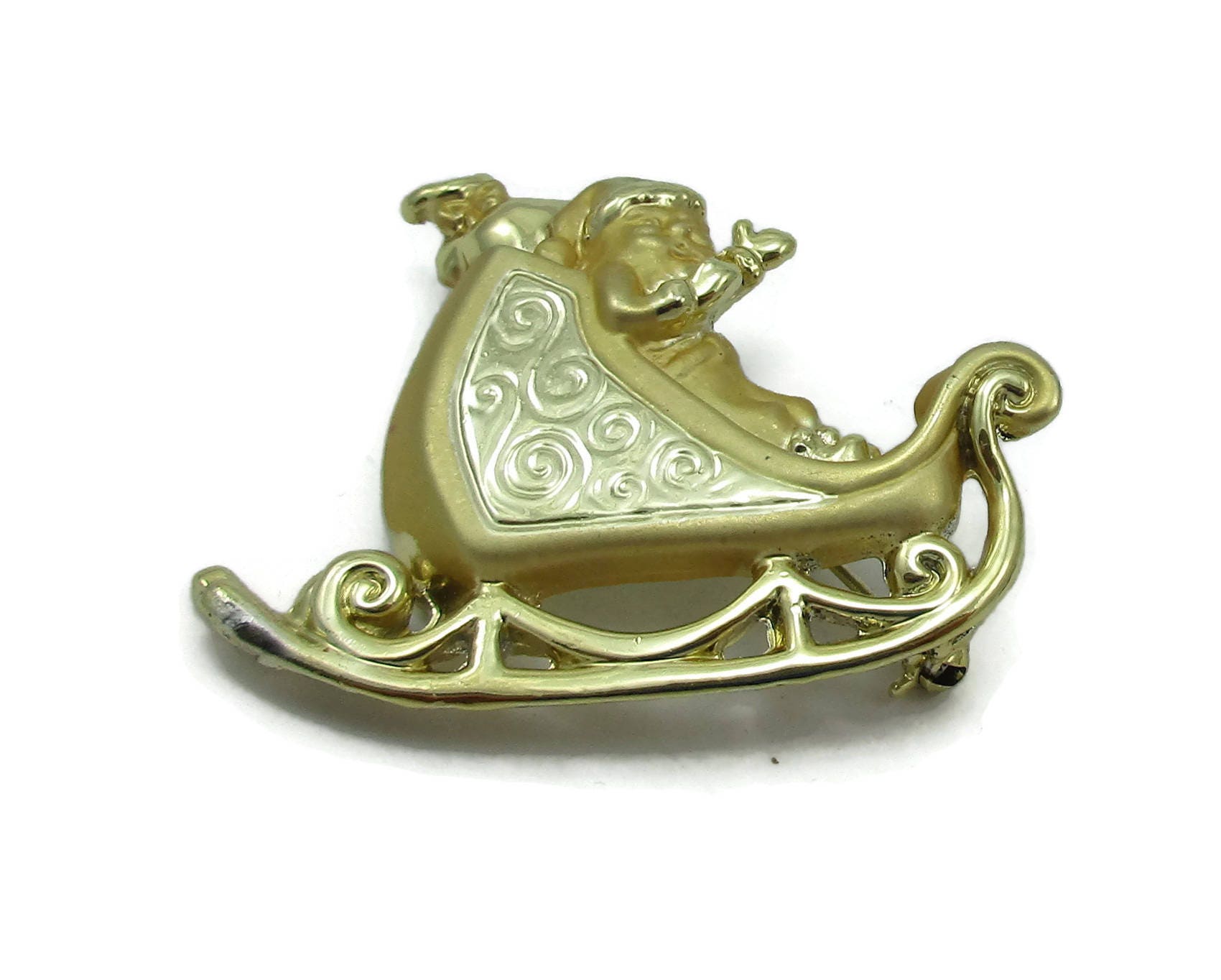 Weihnachten Santa Schlitten Brosche Gold Ton Pin Vintage Kostüm Schmuck Urlaub Geschenk Ideen Designer Signiert Schal Clip von TreasureTrovebyTish