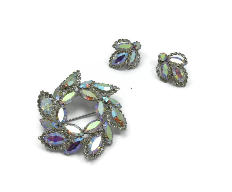 Weiss Ab Aurora Borealis Strass Silber Ton Pin Brosche Ohrring Set Braut Hochzeit Designer Runway Land Kostüm Vintage Signiert Paula von TreasureTrovebyTish