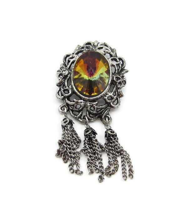 Wmac Silber Oval Bernstein Strass Brosche Pin Quaste Braun Stein Strukturiertdesigner Signiert Runway Estate Kostüm Vintage von TreasureTrovebyTish