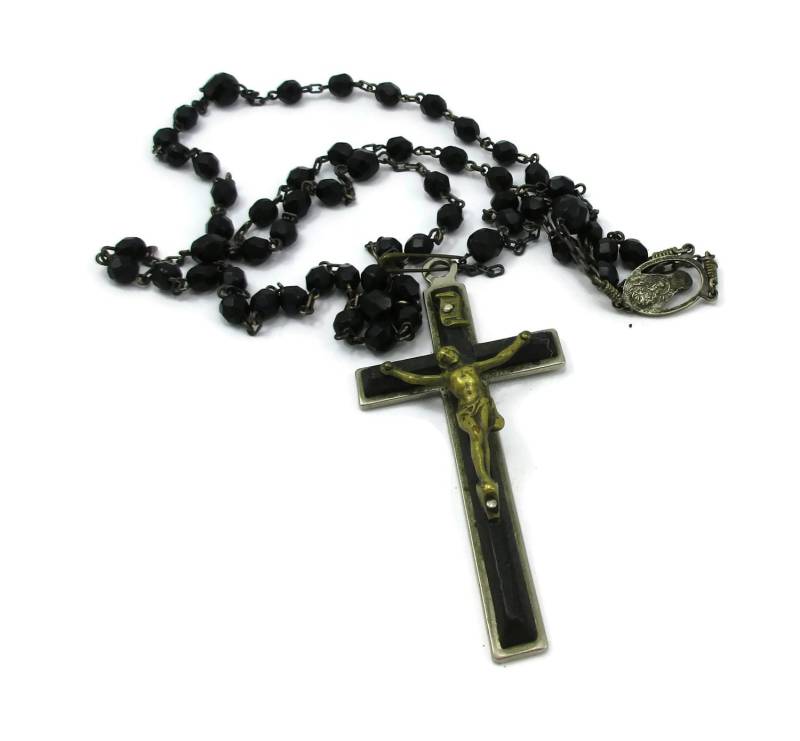 sterling Antike Ebenholz Frankreich Silber Ton Schwarz Glas Perlen Rosenkranz Halskette Französisch Gebet Pilgerfahrt Kirche Kreuz Geschenk Idee von TreasureTrovebyTish