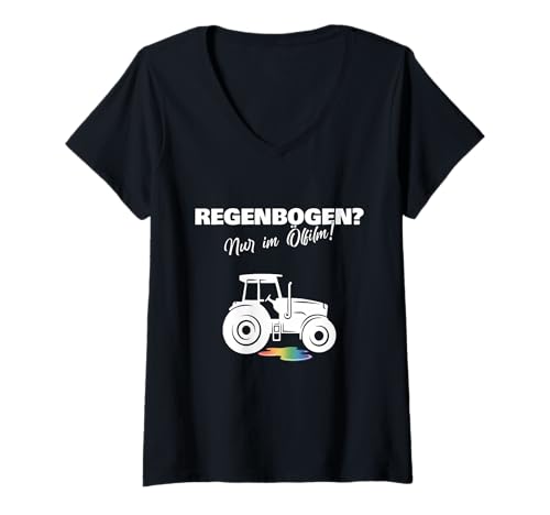 Damen Regenbogen? Nur im Ölfilm! Traktor Landwirt Mechaniker T-Shirt mit V-Ausschnitt Damen Regenbogen? Nur im Ölfilm! Traktor Landwirt Mechaniker T-Shirt mit V-Ausschnitt von Trecker Traktor Mechaniker Statement Design