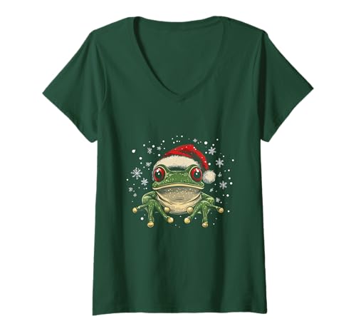 Damen Frosch Weihnachtsmannmütze Lustig Niedlich Tier Weihnachten T-Shirt mit V-Ausschnitt Damen Frosch Weihnachtsmannmütze Lustig Niedlich Tier Weihnachten T-Shirt mit V-Ausschnitt von Tree Frog - Christmas Apparel & Gifts