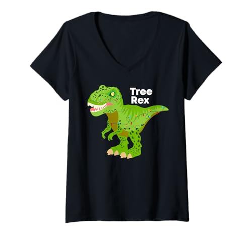 Damen Tree Rex - Lustiges Dinosaurier-Weihnachtslichter-Kostüm T-Shirt mit V-Ausschnitt von Tree Rex Christmas Designs