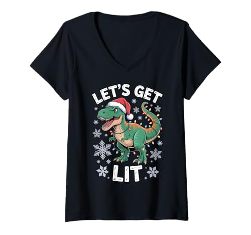 Damen T-Rex Weihnachtsbaum Lichter Dinosaurier T-Shirt mit V-Ausschnitt von Tree Rex Co