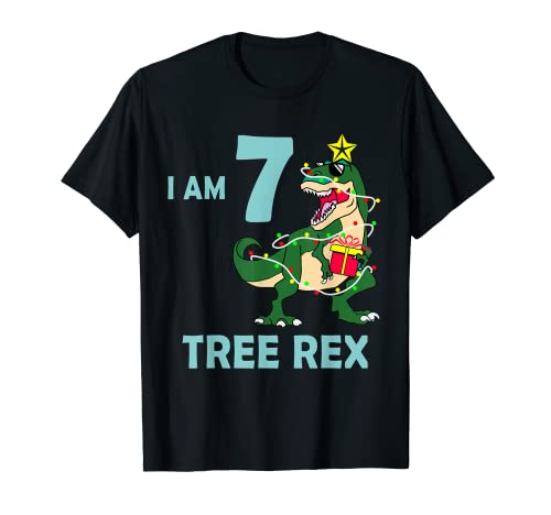 Jungen 7 Jahre alt Weihnachten Dinosaurier Baum Rex I'm 7 Xmas Light T-Shirt von Tree Rex Pajamas Boys Christmas Lights Dinosaur