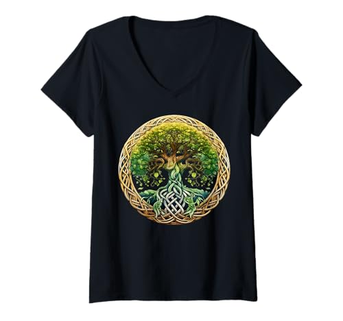 Damen Keltischer Baum des Lebens Symbol mit grünem Knoten T-Shirt mit V-Ausschnitt Damen Keltischer Baum des Lebens Symbol mit grünem Knoten T-Shirt mit V-Ausschnitt von Tree Roots Collective