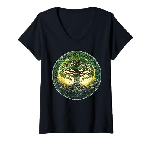 Damen Keltisches Lebensbaum-Symbol mit Knotenmuster T-Shirt mit V-Ausschnitt Damen Keltisches Lebensbaum-Symbol mit Knotenmuster T-Shirt mit V-Ausschnitt von Tree Roots Collective