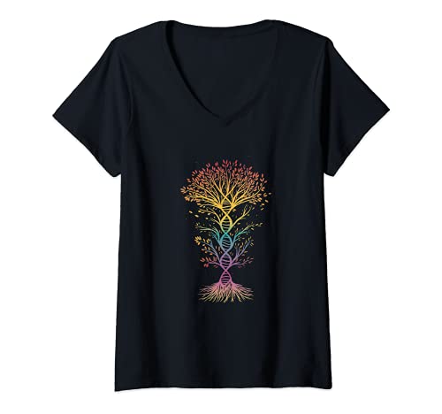 Damen Farbenfroher Dna Tree Nature Science Farbverlauf T-Shirt mit V-Ausschnitt Damen Farbenfroher Dna Tree Nature Science Farbverlauf T-Shirt mit V-Ausschnitt von Tree Science Gradient