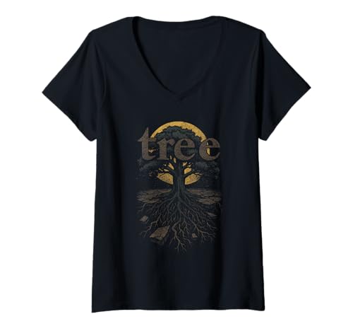 Damen Baum des Lebens Wurzeln Mond Natur Erde Symbol Spirituelles Wachstum T-Shirt mit V-Ausschnitt von Tree of Life Nature Roots Earth Design
