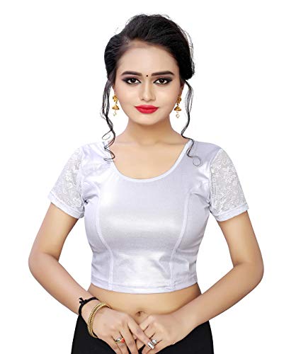 TreegoArt Fashion Damen Baumwolle Lycra Rundhals Readymade Stretchable Saree Bluse Free Size -(PS 161 Silver) von TreegoArt Fashion